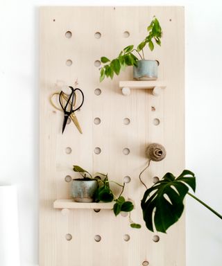 Wooden pegboard on with bathroom wall with various shelves and plants