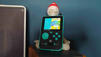 Super Pocket Taito edition leaning against skeleton wearing bobble hat 