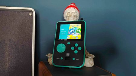 Super Pocket Taito edition leaning against skeleton wearing bobble hat 