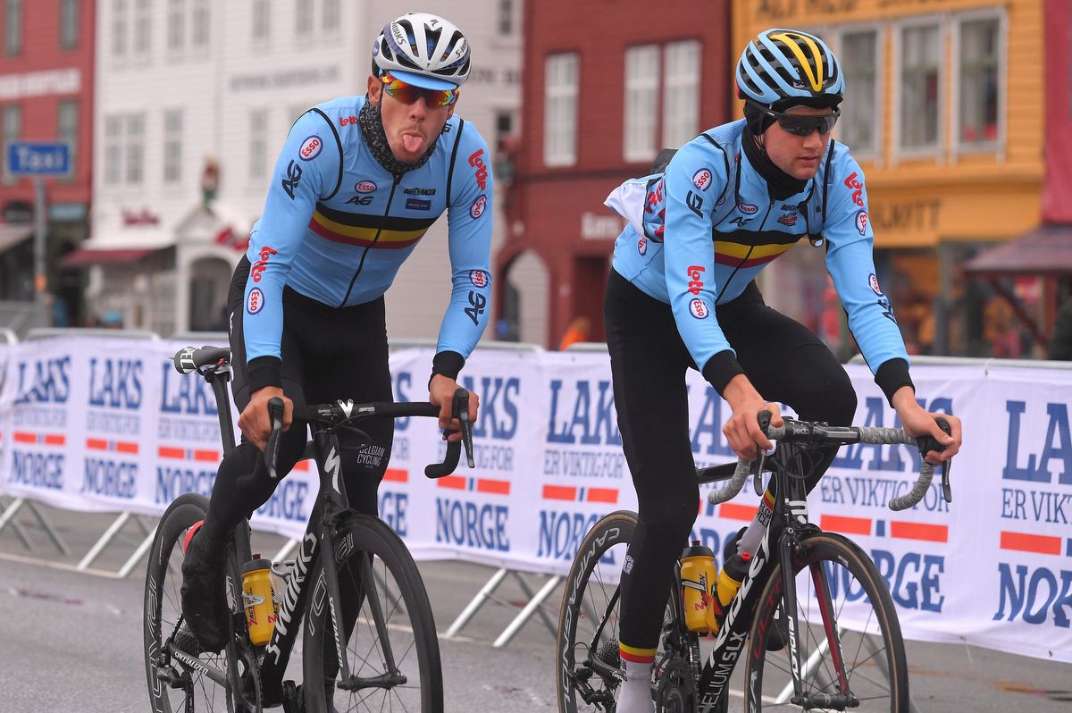 A lighter moment during the recon ride for Philippe Gilbert (Belgium)