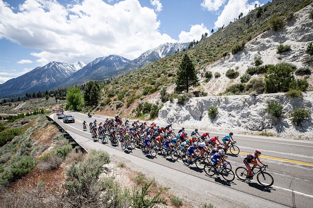The peloton hits the first climb of the day during stage 2 of the Amgen Tour of California Women's Race