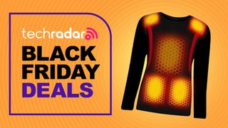 Heated base layer on orange background with text reading 'TechRadar Black Friday deals'