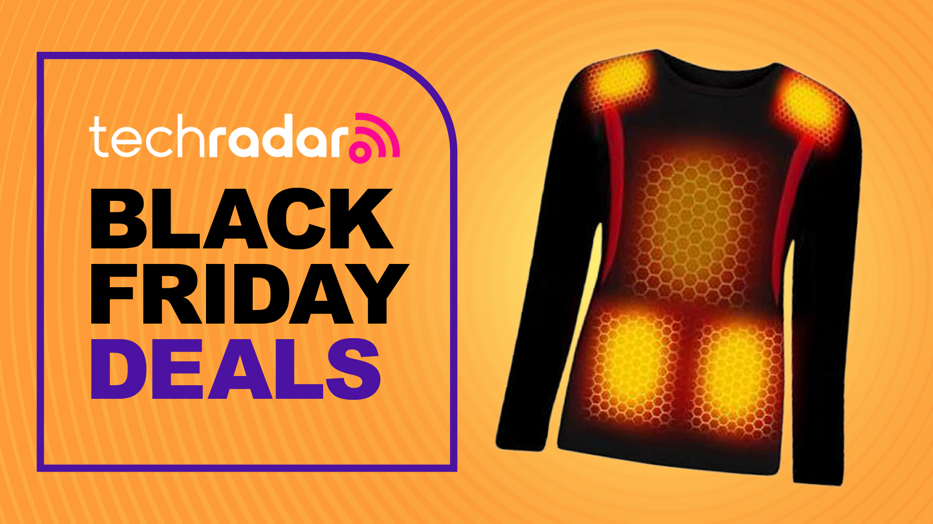 Heated base layer on orange background with text reading &#039;TechRadar Black Friday deals&#039;