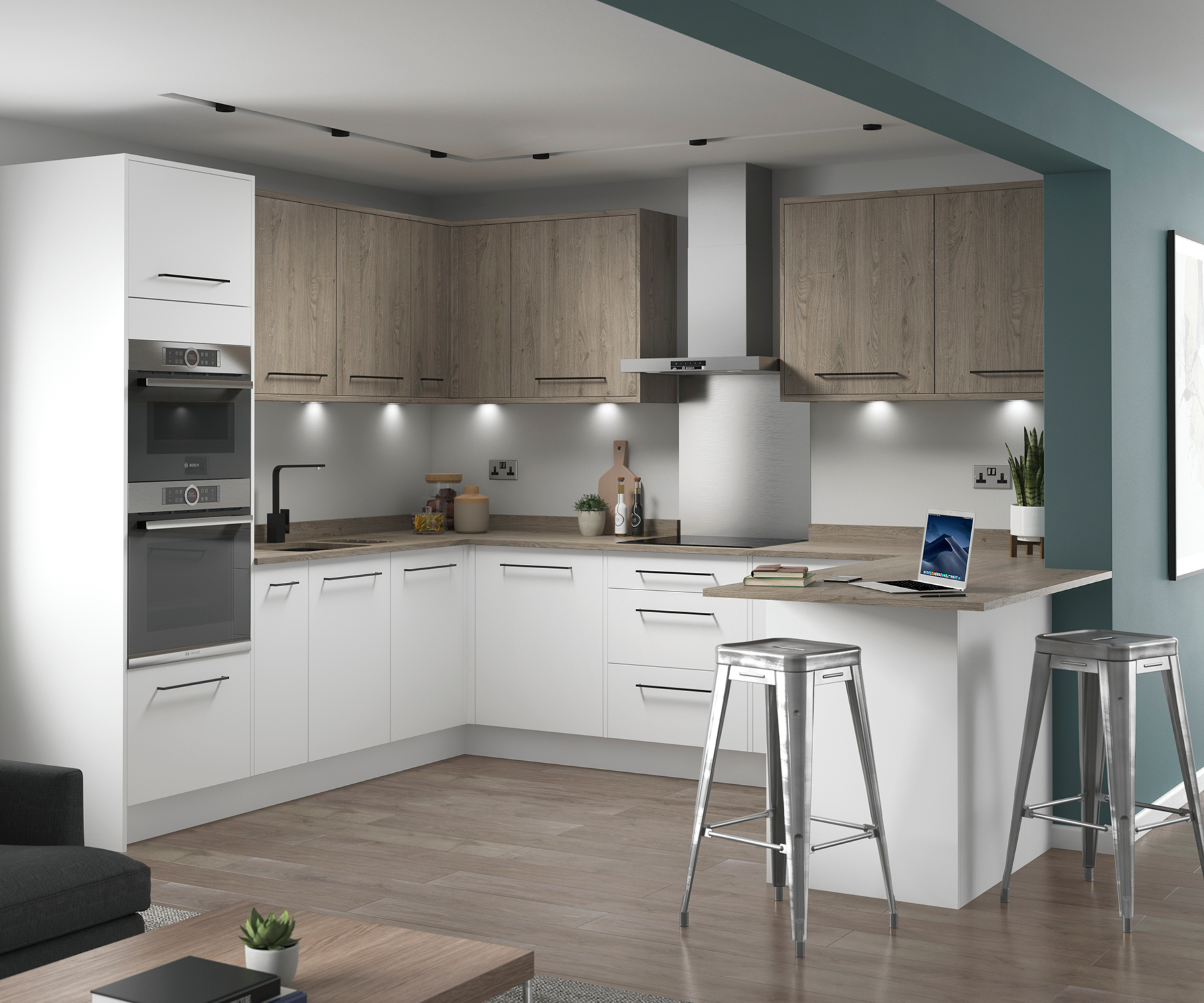 modern white kitchen with wooden floor and blue painted wall