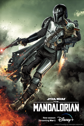 Mandalorian season 3 poster with mando and grogu jetpacking away from a firefight