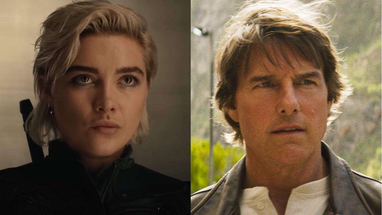 Florence Pugh looks ahead seriously in Thunderbolts*, pictured to Tom Cruise doing the same in Mission: Impossible - The Final Reckoning.