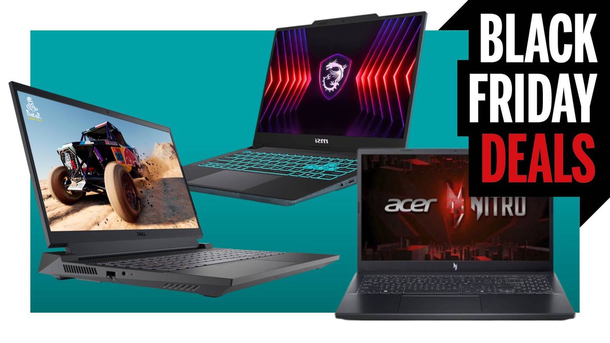 Three RTX 4060 gaming laptops on a teal deals background with the &quot;Black Friday Deals&quot; text in the top right