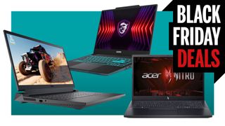 Three RTX 4060 gaming laptops on a teal deals background with the "Black Friday Deals" text in the top right