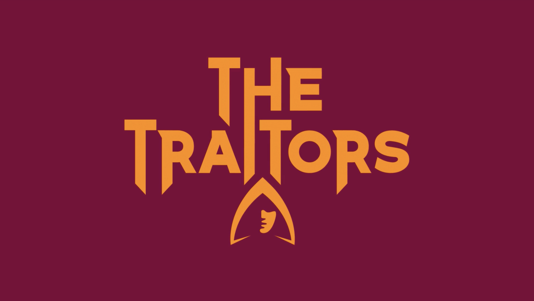 The official logo for The Traitors is presented in bold orange text against a deep burgundy background.