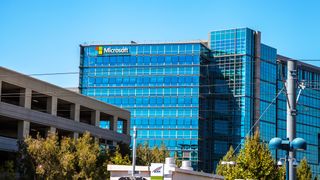 Mountain View, California, United States - August 15, 2016: Microsoft sign adorns the facade of a Microsoft Headquarters building, hardware division, in Santa Clara in Silicon Valley.