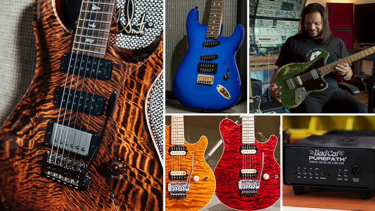 New gear from PRS, Charvel, Jackson, Ernie Ball Music Man, and BadCat, arranged on a grid