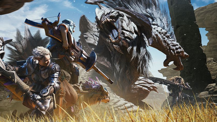 Monster Hunter Wilds review; knights with large weapons fight a massive monster in grassy field