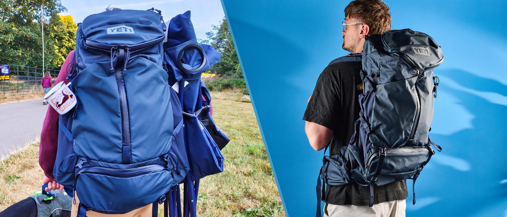 A split image showing the Yeti Skala being worn in real life on the left, and in a studio environment on the right