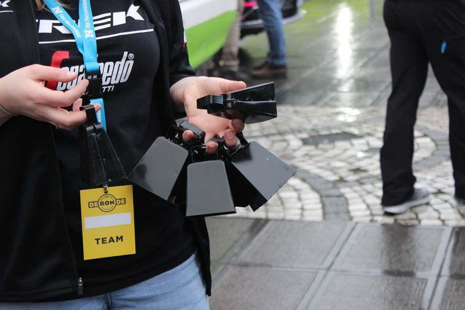 Trek-Segafredo was giving out cowbells to fans by their bus