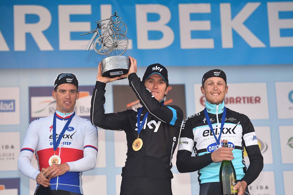Stybar, Thomas and Trentin on the podium.