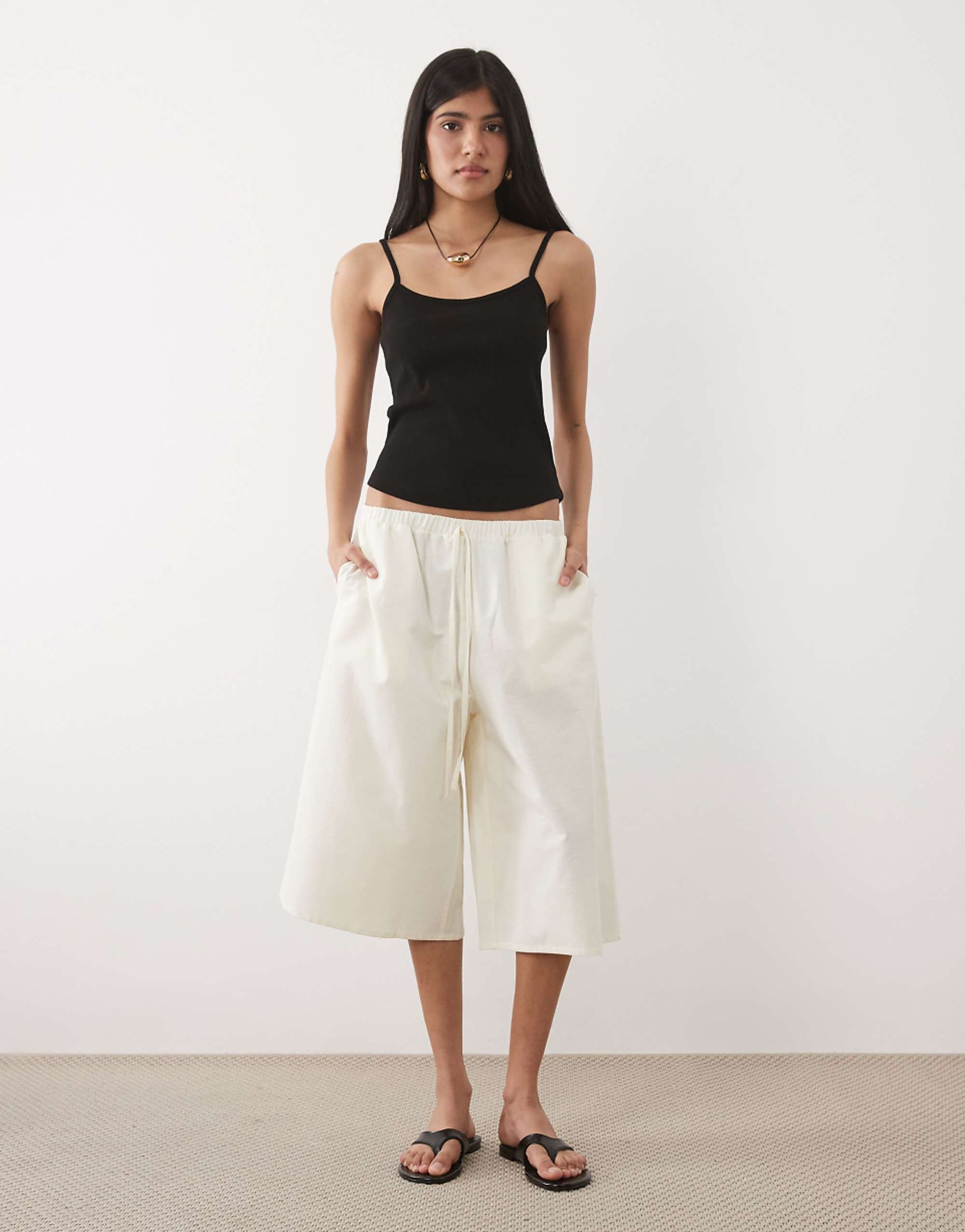 Asos Design Long Line Bermuda Short in Ivory Linen