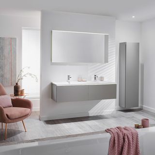 bathroom with grey wall and mirror