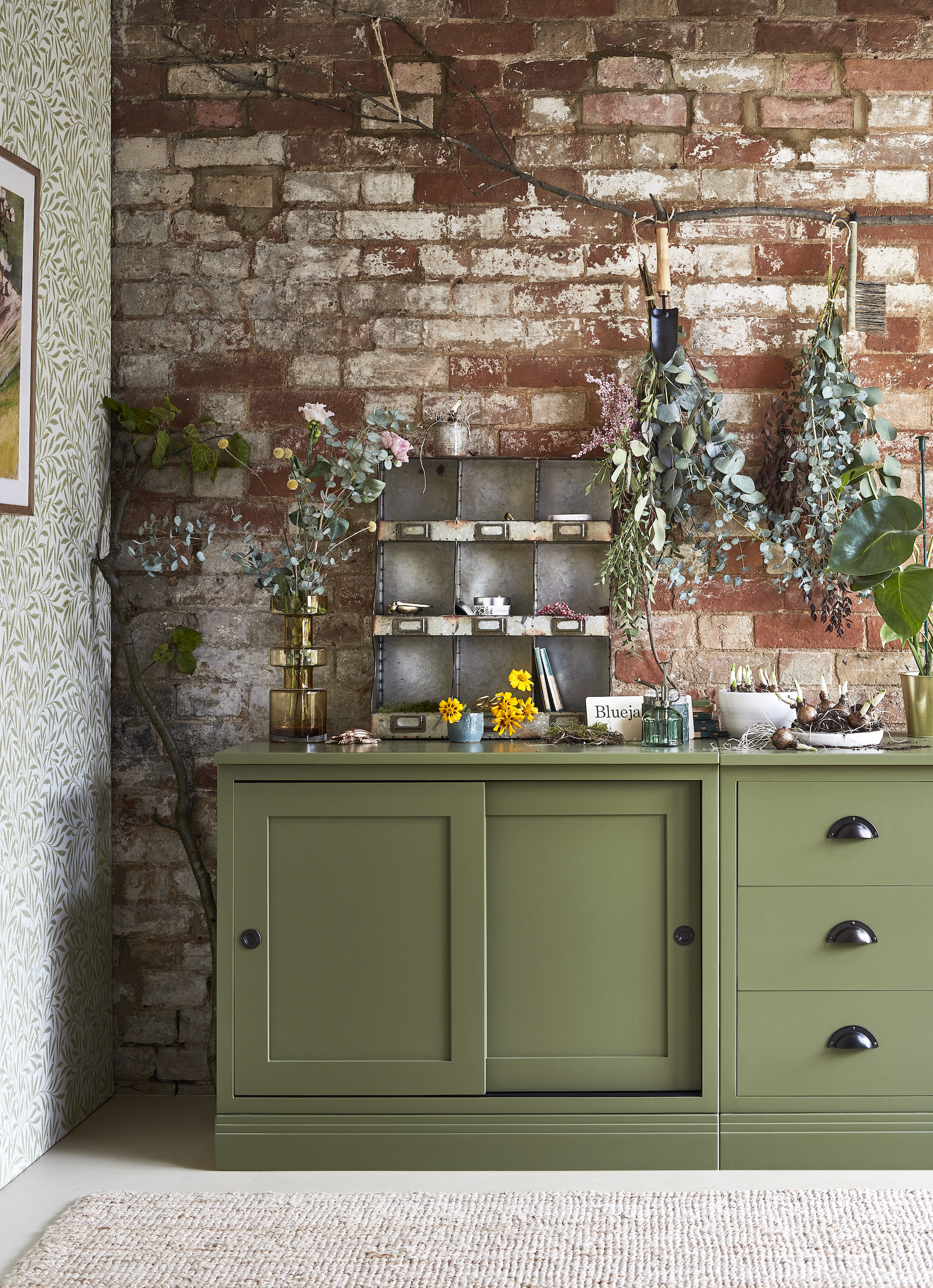 exposed brick wall and herbs