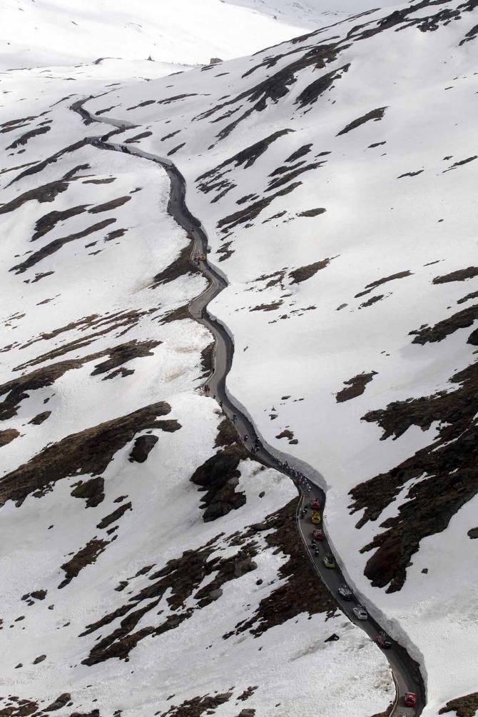The Passo Gavia snakes through the snow