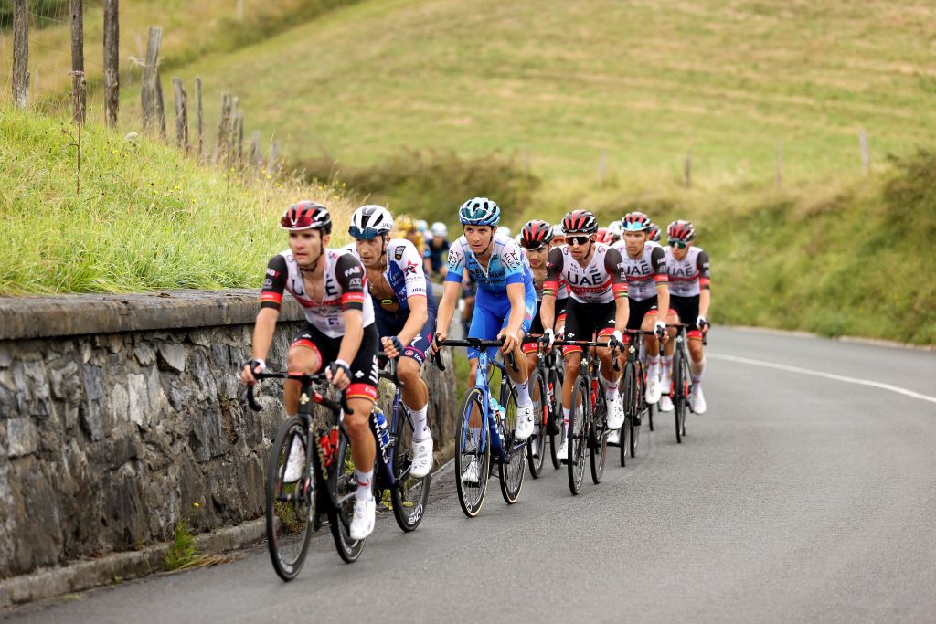 SAN SEBASTIAN SPAIN JULY 30 LR Jannik Steimle of Germany and Team QuickStep Alpha Vinyl Jan Maas of Netherlands and Team BikeExchange Jayco and Ryan Gibbons of South Africa and Team UAE Team Emirates compete during the 42nd Donostia San Sebastian Klasikoa 2022 Mens Elite a 2248km race from San Sebastian to San Sebastian Klasikoa2022 on July 30 2022 in San Sebastian Spain Photo by Gonzalo Arroyo MorenoGetty Images