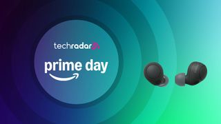 Sony WF-C700N on multicolored background with the words 'TechRadar: Prime Day' positioned on the left side of the image