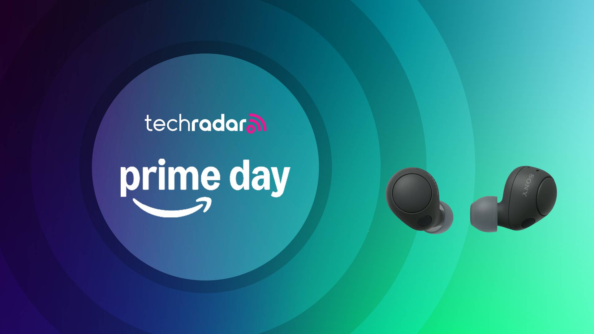 Sony WF-C700N on multicolored background with the words &#039;TechRadar: Prime Day&#039; positioned on the left side of the image