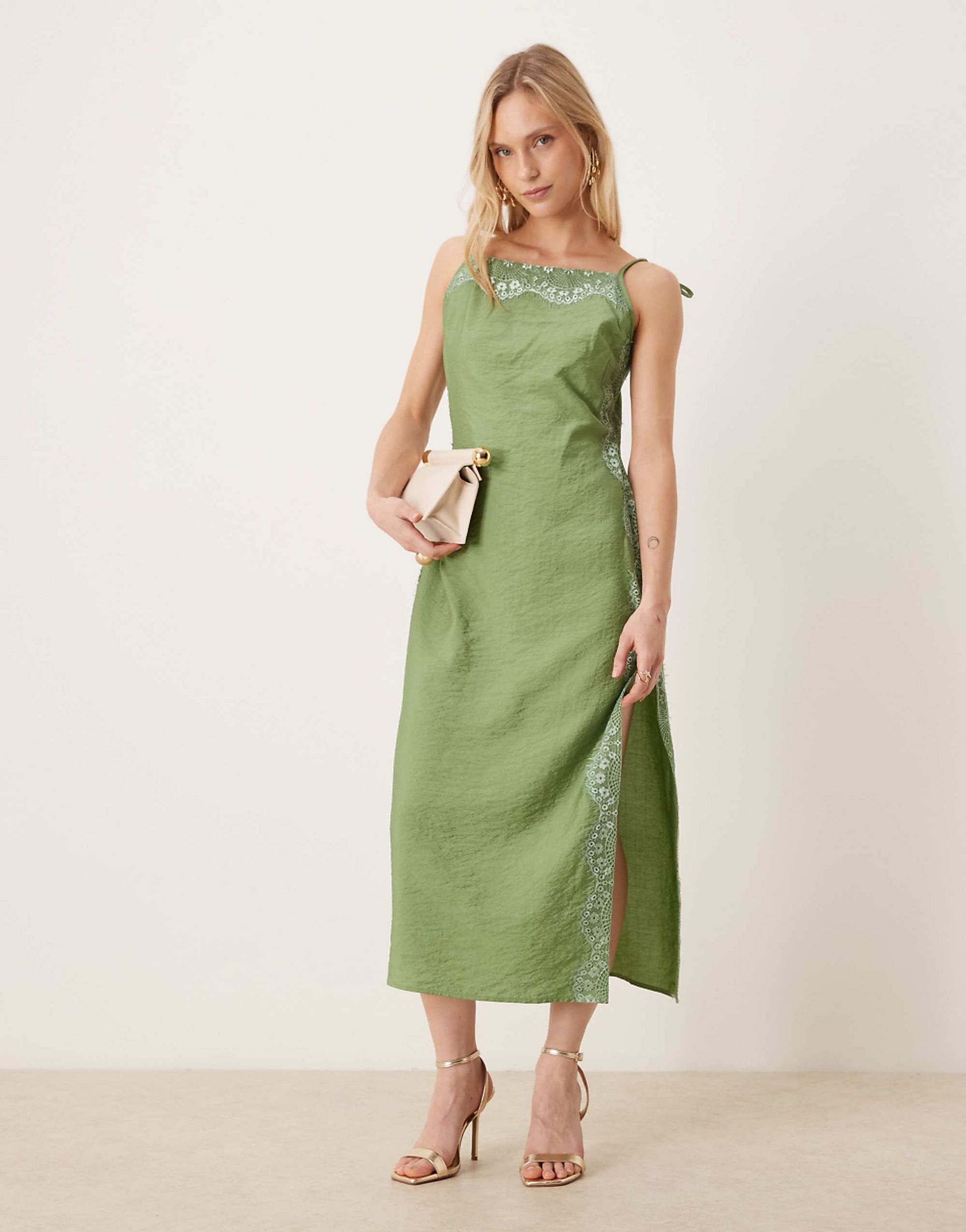 Asos Design Petite Cami Square Neck Crinkle Satin Lace Detail Maxi Dress in Green