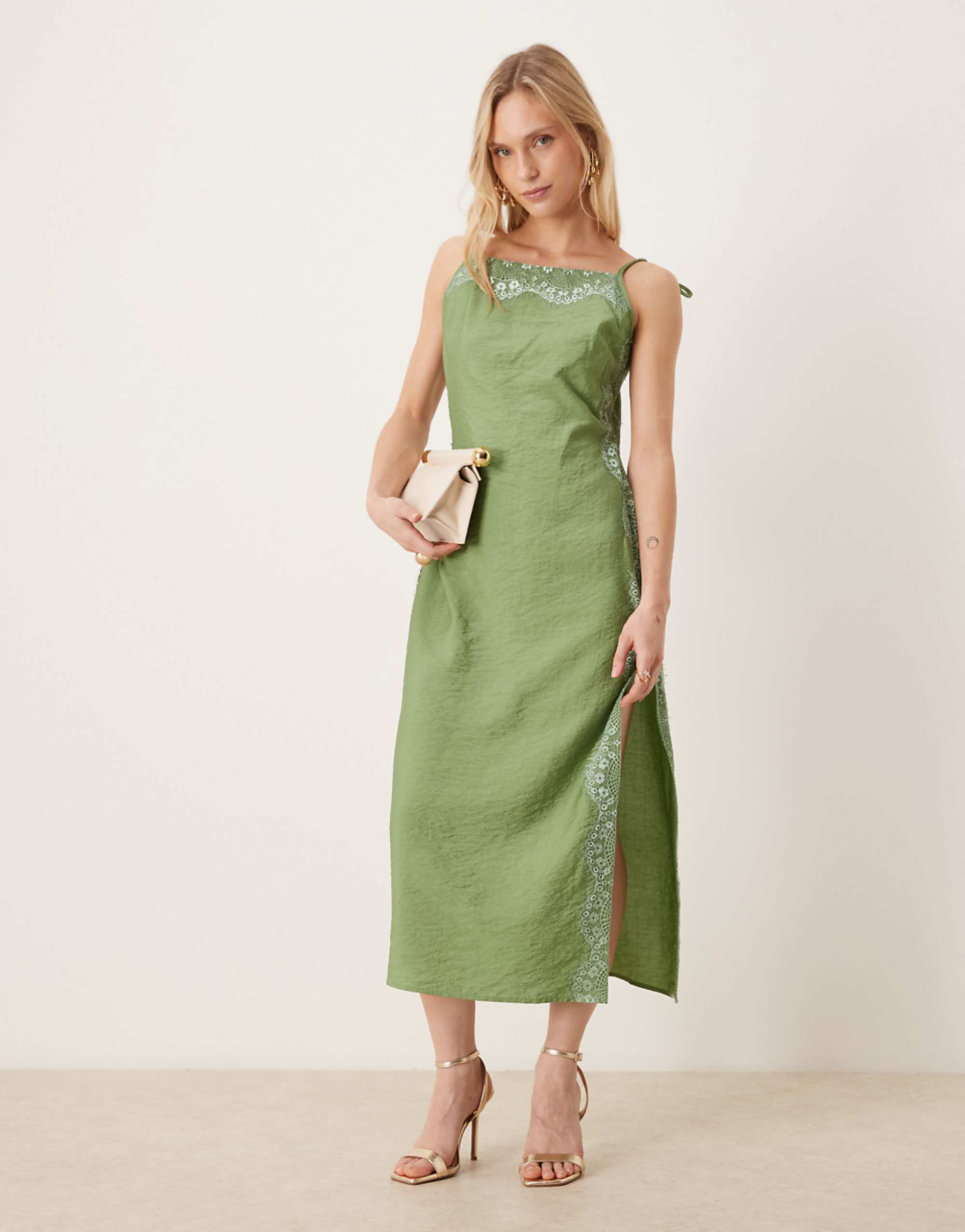 Asos Design Petite Cami Square Neck Crinkle Satin Lace Detail Maxi Dress in Green