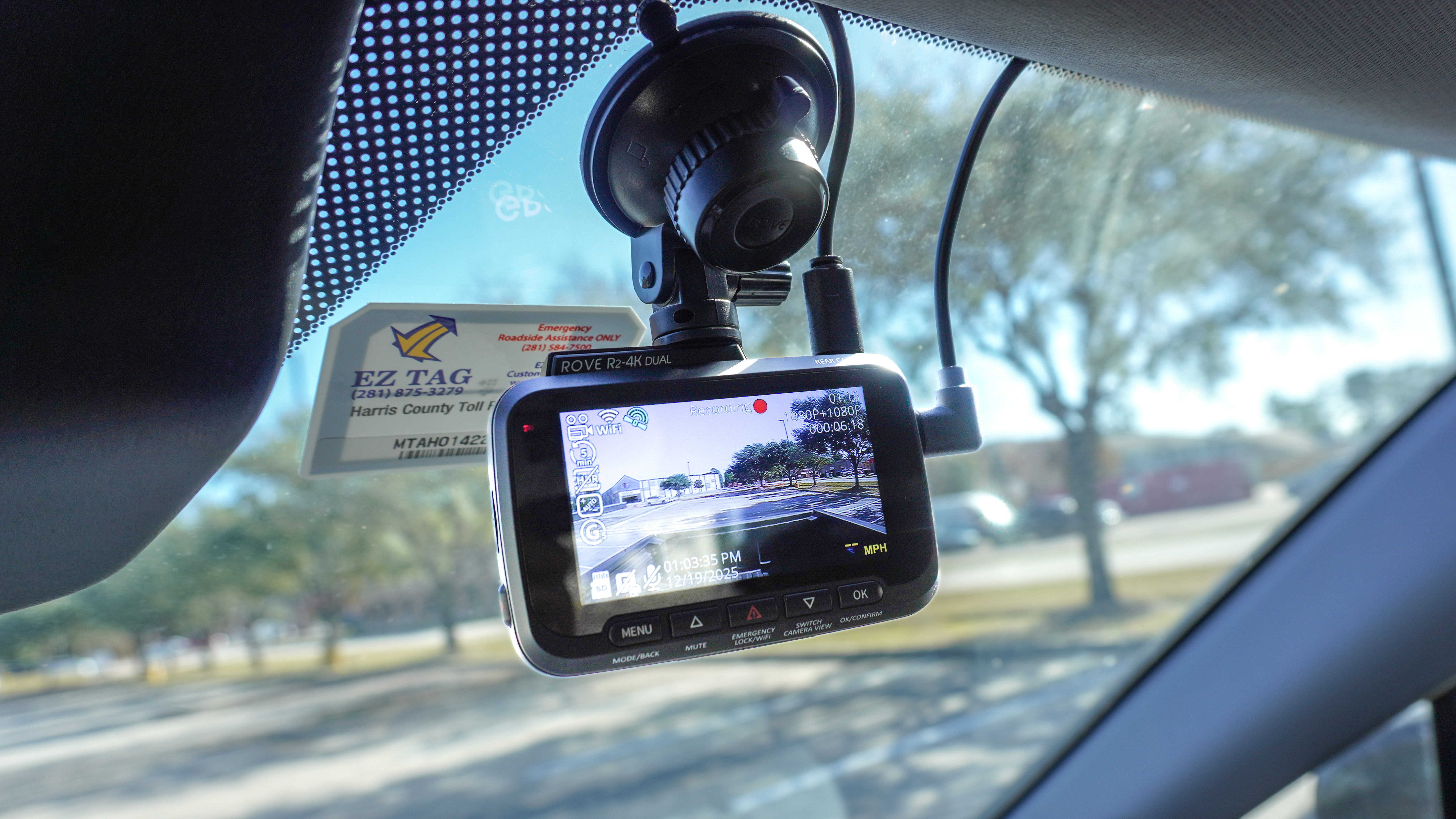 The Rove 2K-4K Dual installed in a truck with the cables for it and the rear camera cleanly tucked away