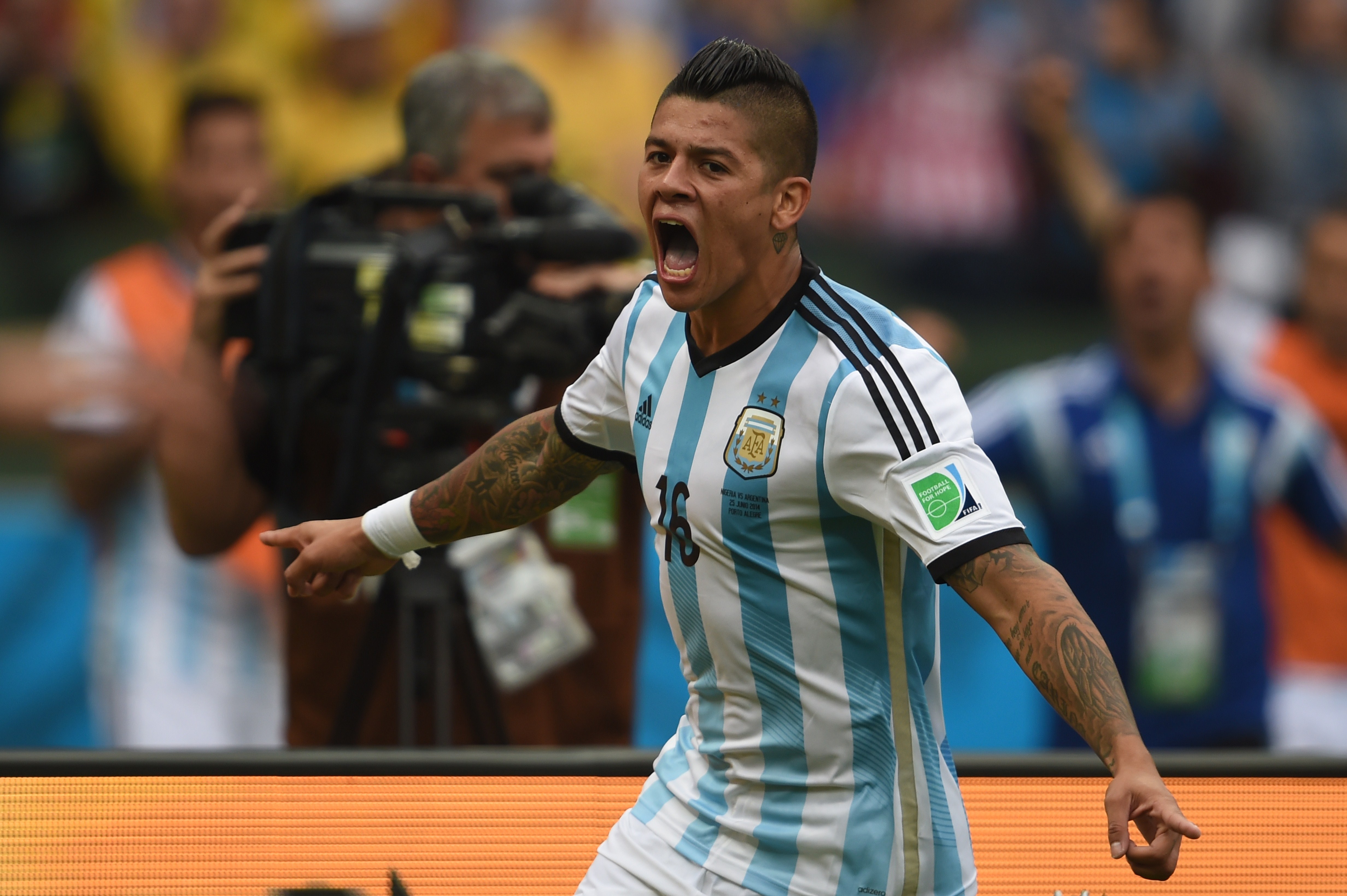 Marcos Rojo celebrates after scoring for Argentina against Nigeria at the 2014 World Cup.