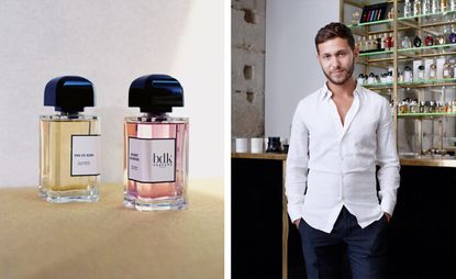 In the photo to the left, we have two bottles of perfume. One bottle has a yellow liquid inside it, the other one has pink. In the photo to the right, we see David Benedek, posing in front of a shelf full of perfume bottles.