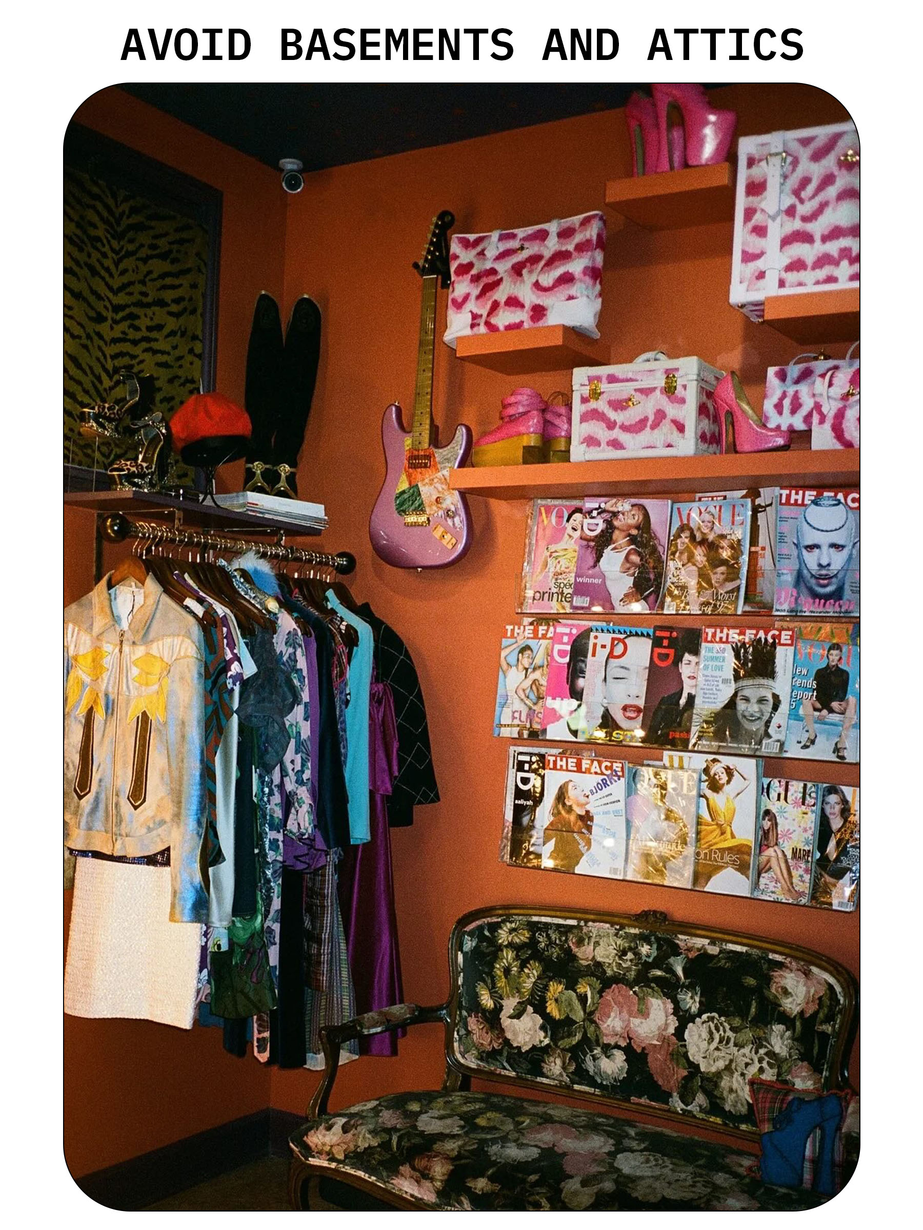 A wall of magazines next to a rack of clothing at Aralda Vintage.