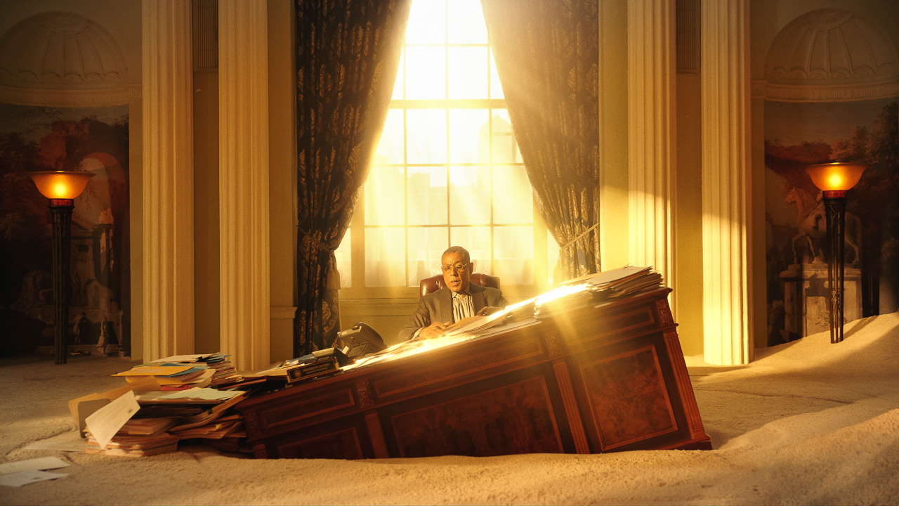 Giancarlo Esposito sits at a crooked desk partially buried in sand in Megalopolis.