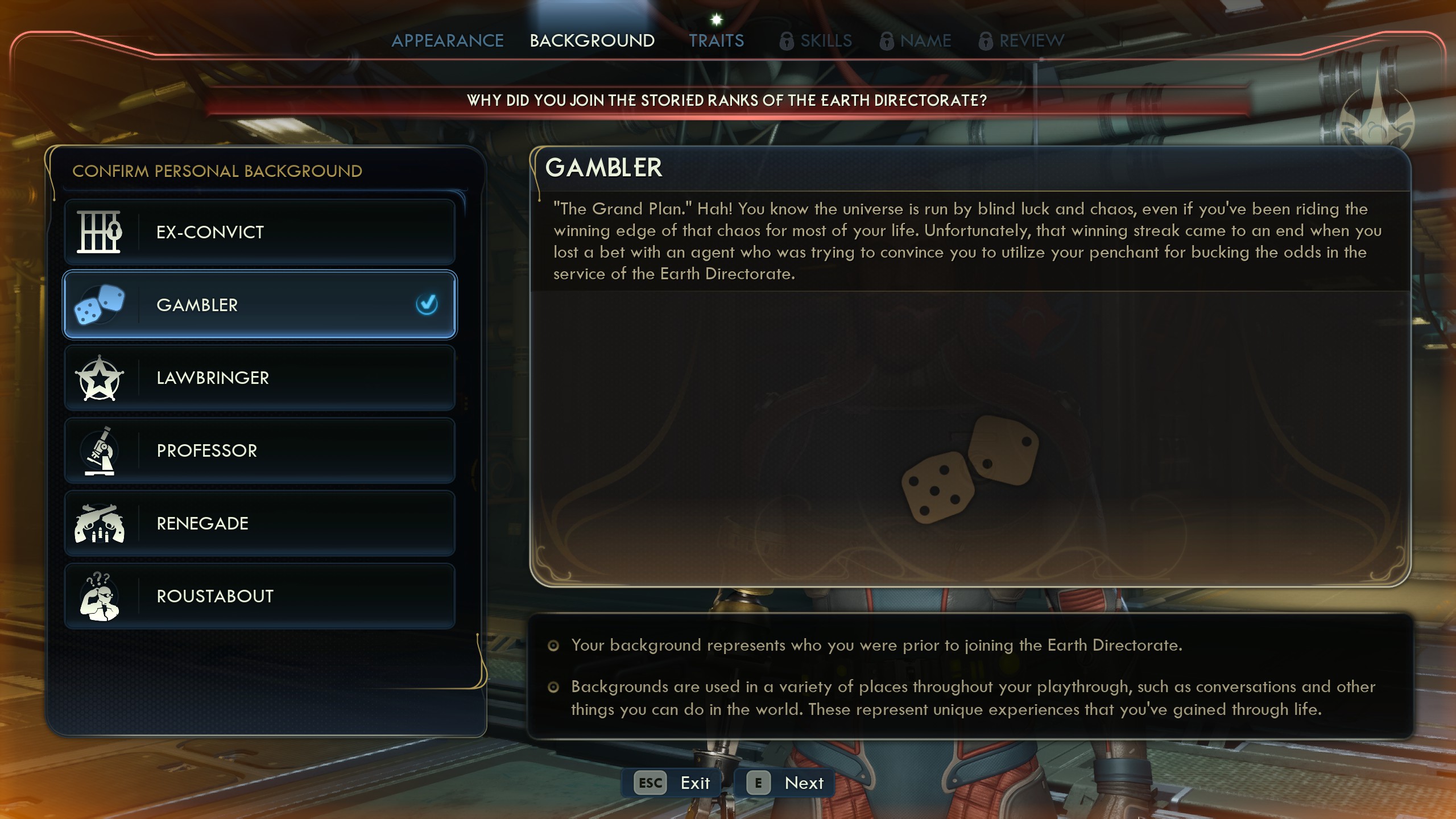 Outer Worlds character creation screen showing traits including "Gambler"