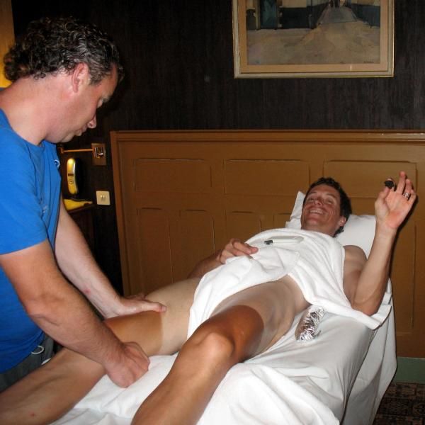 Inside the hotel: Sylvain Chavanel receives massage while enjoying some candy