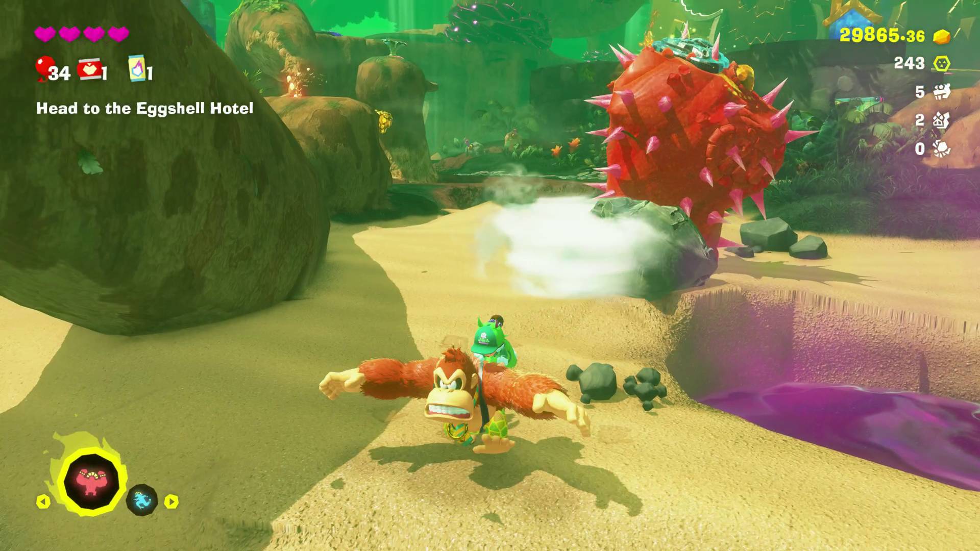 Donkey Kong Bananza The Divide branching path choice Forest Layer poison swamp and DK avoiding red thorn enemy