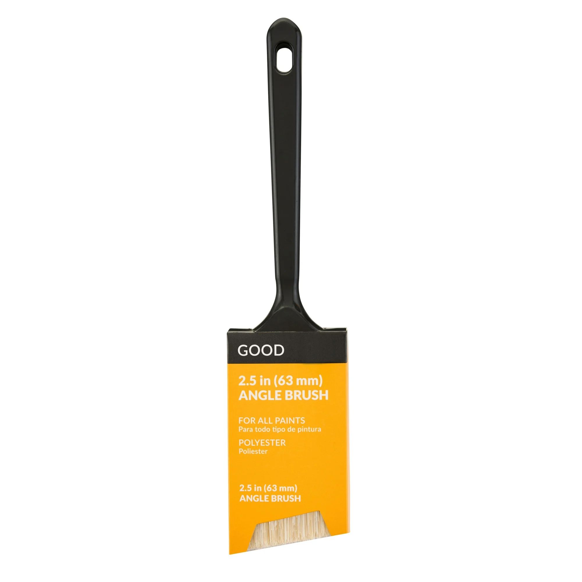 An angled paintbrush with a black handle in an orange cardboard sleeve