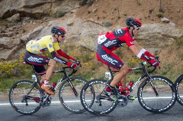 Race leader Tejay van Garderen stays close to BMC teammate George Hincapie.