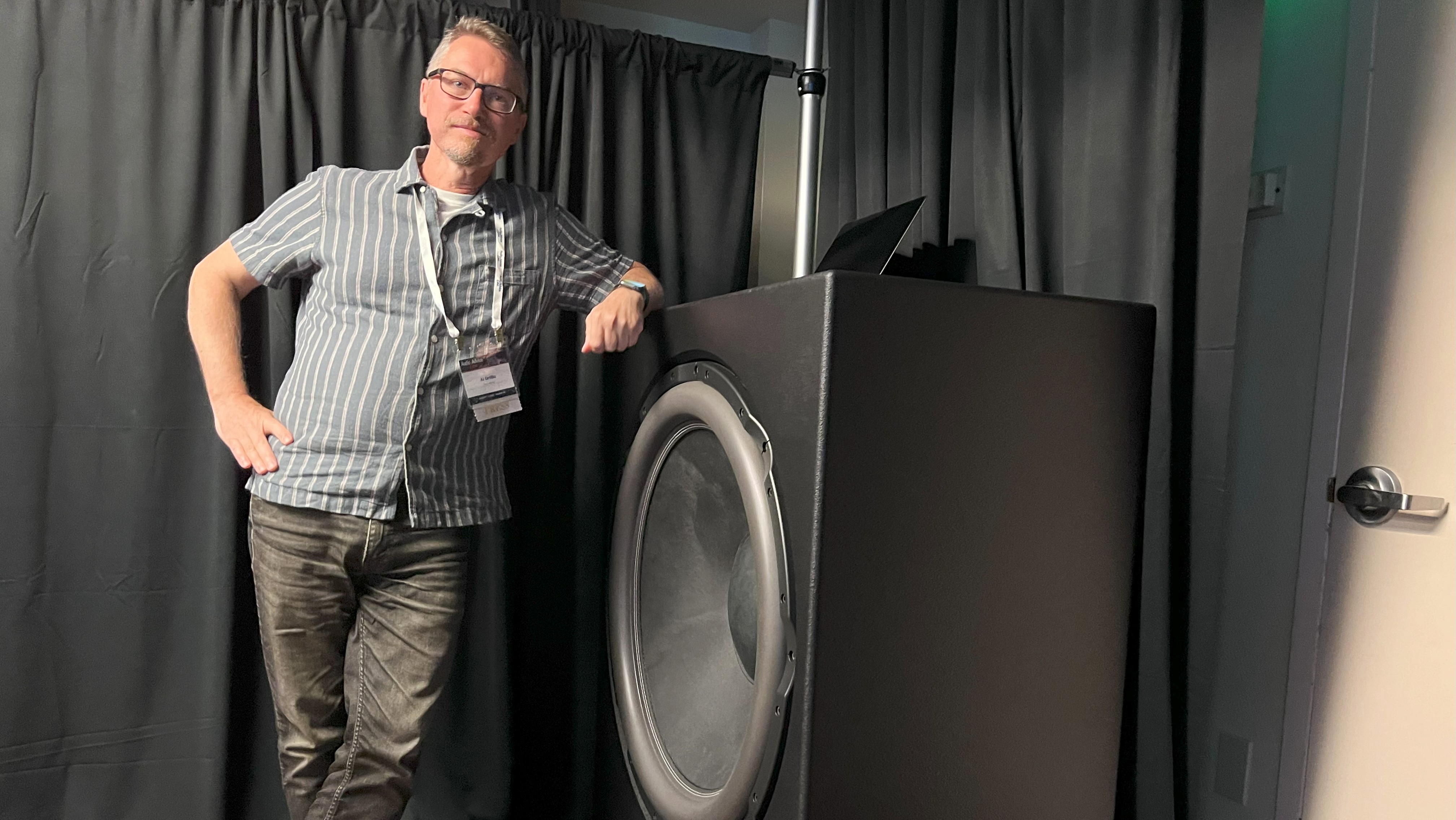 the author with Ascendo's The32 Pro Passive Sealed subwoofer