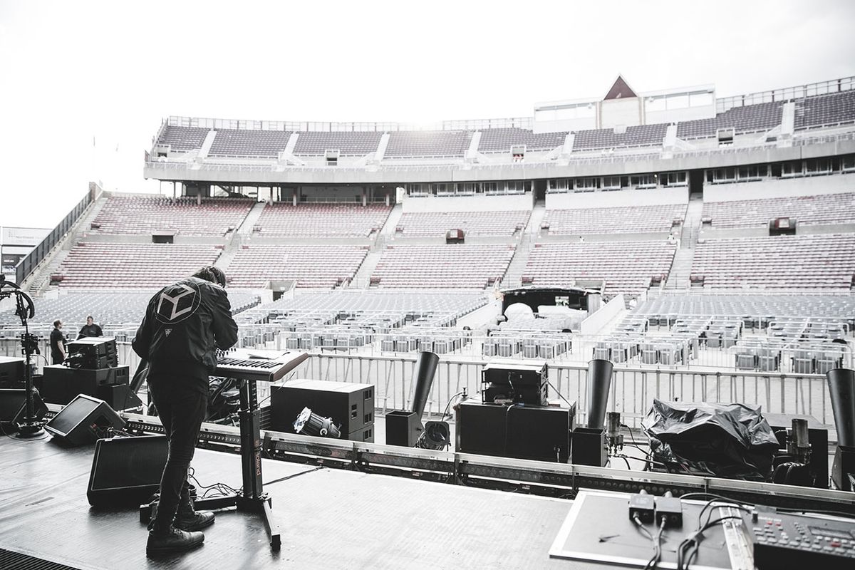 Sound checking while trying not to trigger any Rammstein stage explosives by accident.