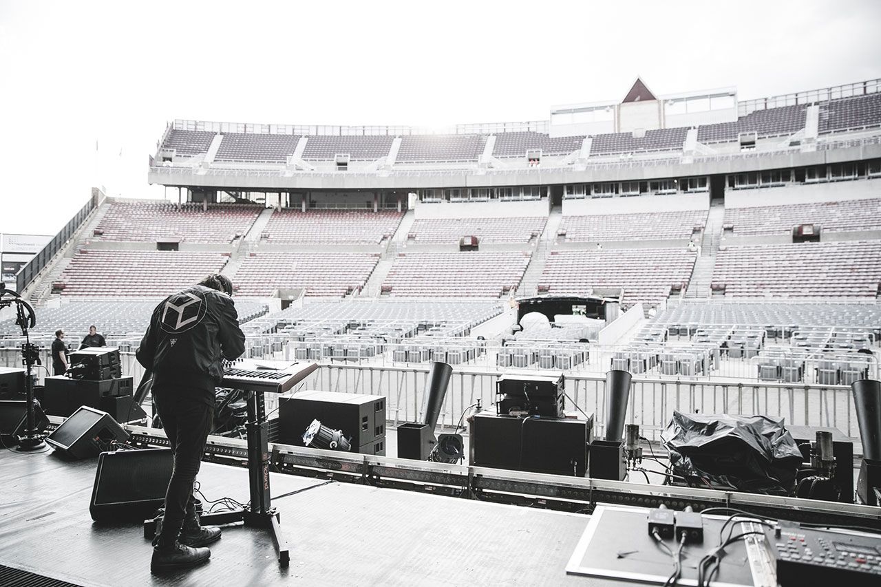 Sound checking while trying not to trigger any Rammstein stage explosives by accident.