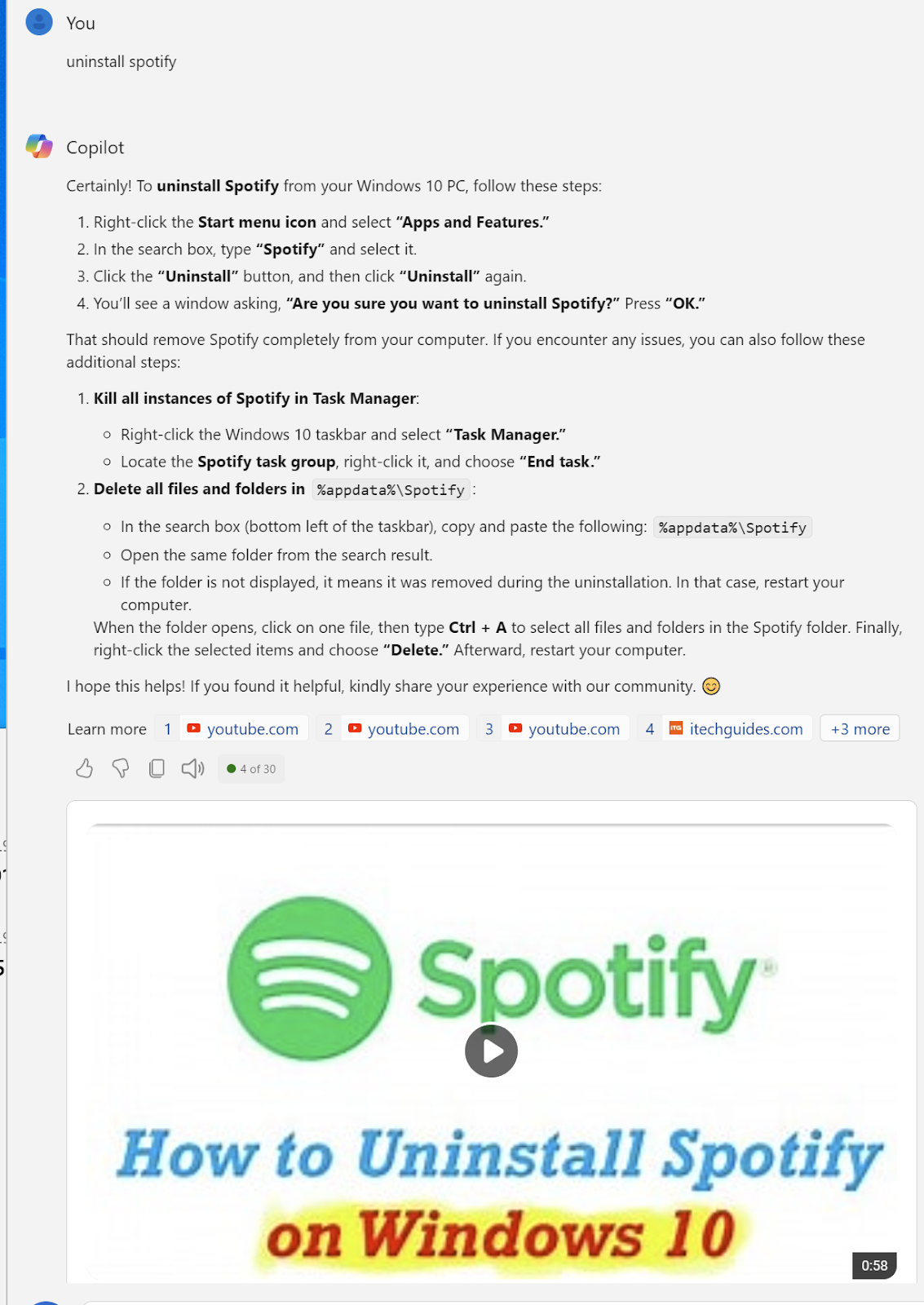 Copilot explains how to uninstall Spotify