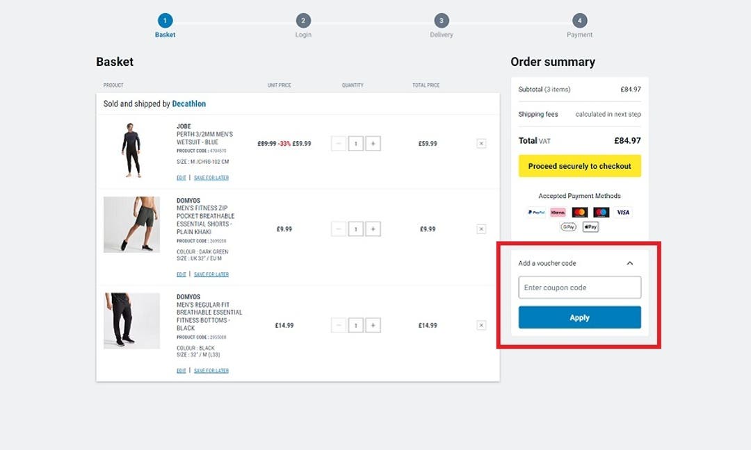 Screenshot of the Decathlon website where you can enter your discount code