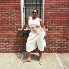 White culottes and mesh shoes outfit