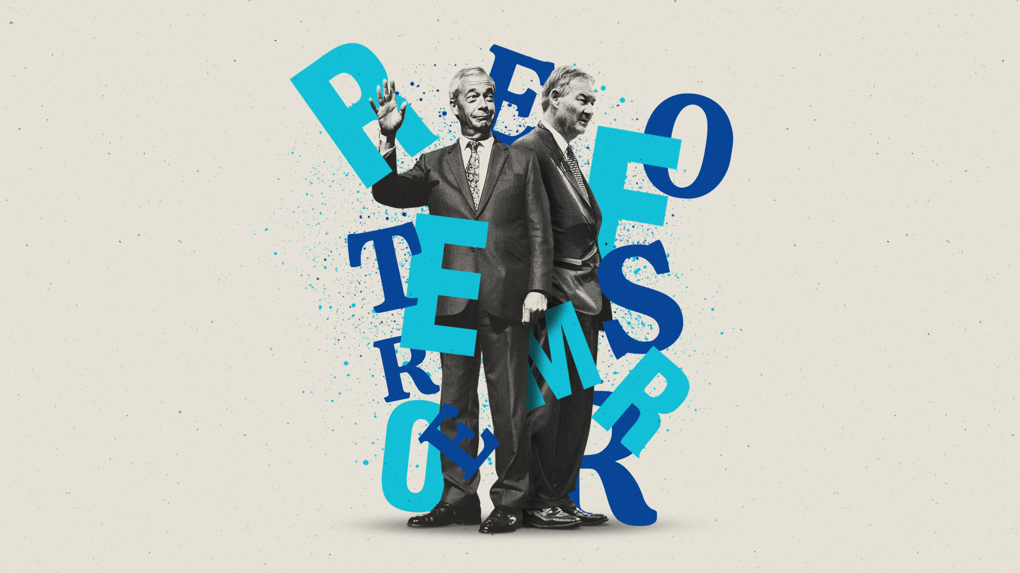 Illustration of Nigel Farage and Rupert Lowe alongside a tangled alphabet of Reform and Restore logo letters