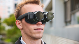 man wearing the panasonic biel smart glasses for the visually impaired
