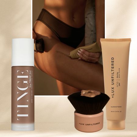 a person applying body makeup in brown swimsuit bottoms with a body brush next to body makeup products