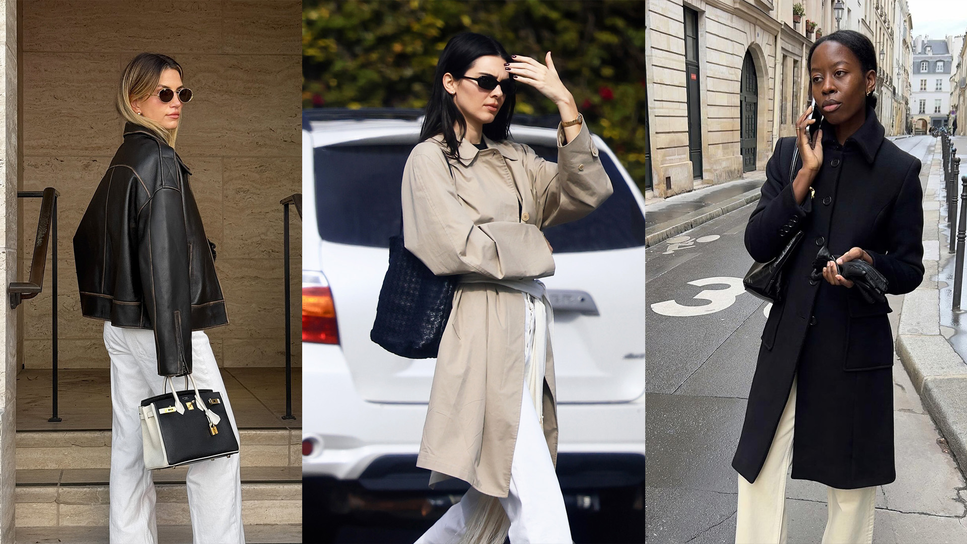 Kendall Jenner and fashion influencers wearing white jeans and black shoes.
