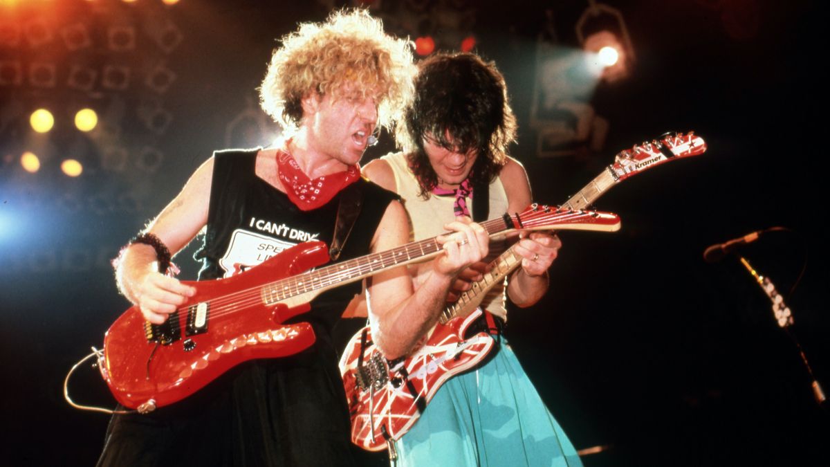 Sammy Hagar (left) and Eddie Van Halen perform at the Joe Louis Arena in Detroit, Michigan on May 9, 1986