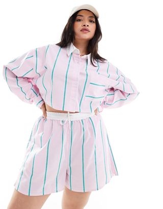 Asos Design Curve Shorts With Contrast Waist in Pink Stripe